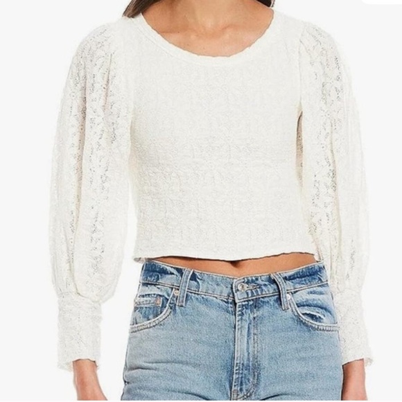 Free People Ivory Lace Long Sleeve Open Back Shirt Size S EUC Jasmine Tea Time - Picture 1 of 6